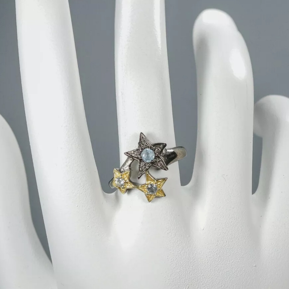 Natural blue Topaz, Aquamarine sterling & gold star ring sz7.5